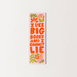 Bookmark with colorful text and floral designs on a white background