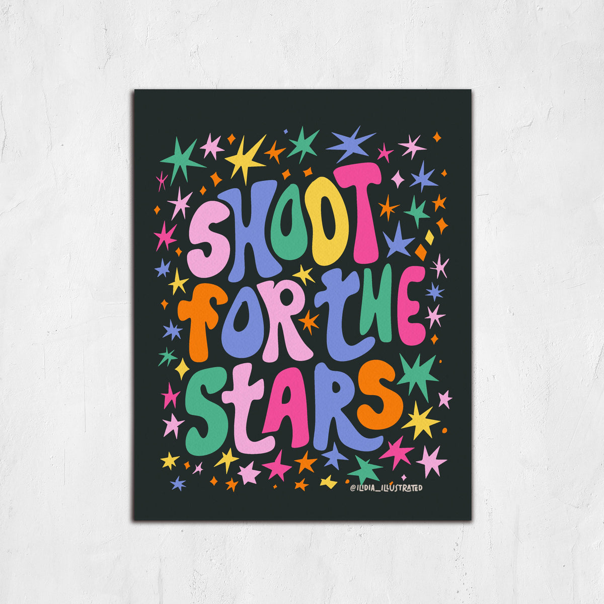 Colorful 'Shoot for the Stars' poster with stars on a white background