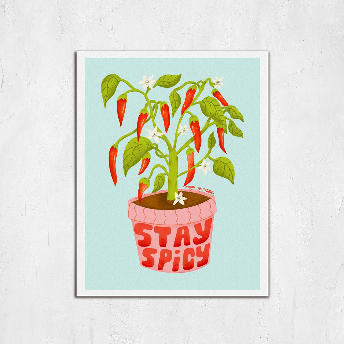 Framed artwork of a potted plant with red peppers and 'Stay Spicy' text on a light blue background.