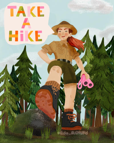 Take a Hike Ranger hiking with binoculars with the text "Take A Hike"