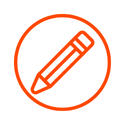 A minimalist orange vector icon of a pencil inside a circle on a white background, representing a pen or pencil product.