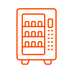 A minimalist orange line icon representing a vending machine on a solid white background.