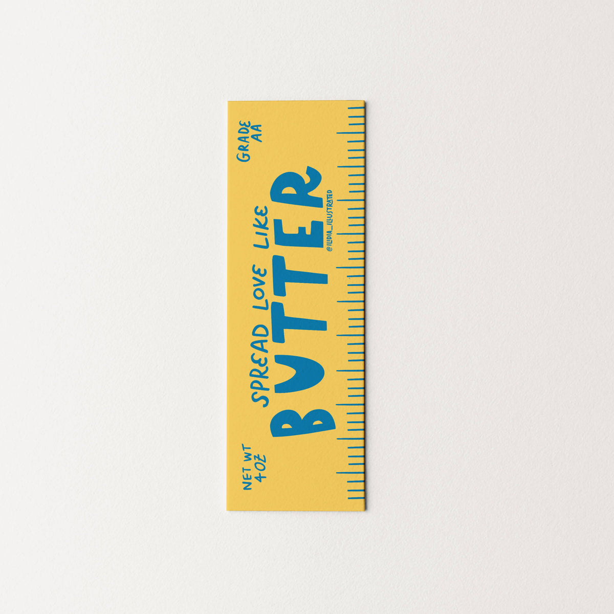 Yellowbutter bookmark spread love like butter with blue text on a white background