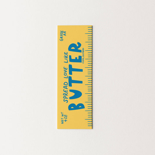 Yellowbutter bookmark spread love like butter with blue text on a white background