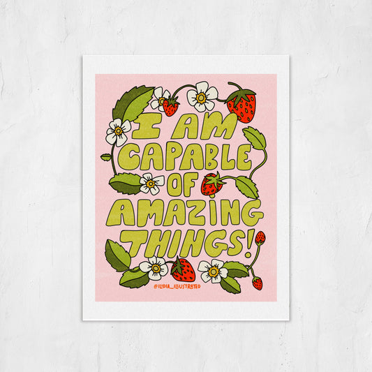 Motivational poster with 'I am capable of amazing things' text on a white background