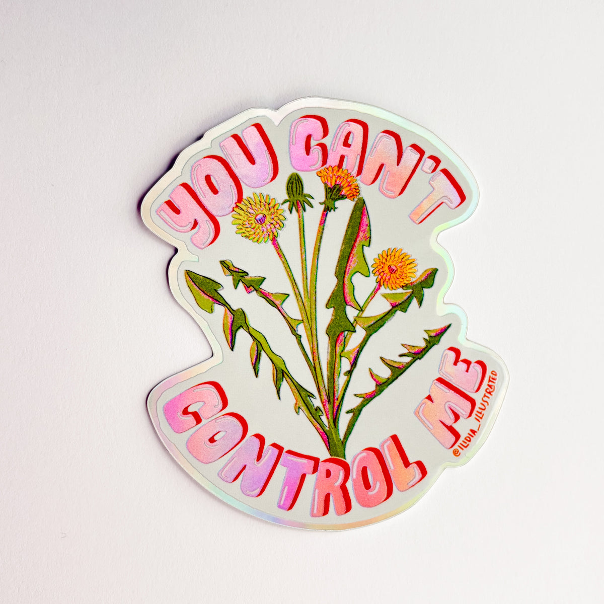 Sticker with floral design and text 'YOU CAN'T CONTROL ME' on a light background
