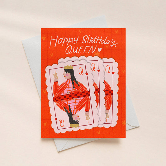 Birthday card with playing card design and 'Happy Birthday, Queen!' text on a beige background