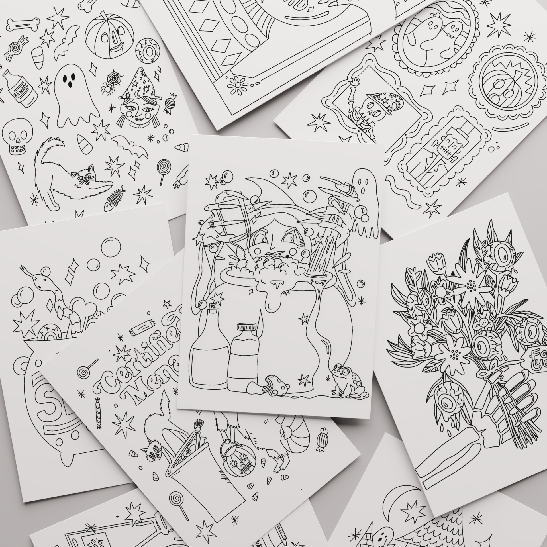 A flat-lay arrangement of multiple white coloring pages featuring black line art illustrations of Halloween-themed characters, ghosts, pumpkins, flowers, and decorative doodles on a light gray background.