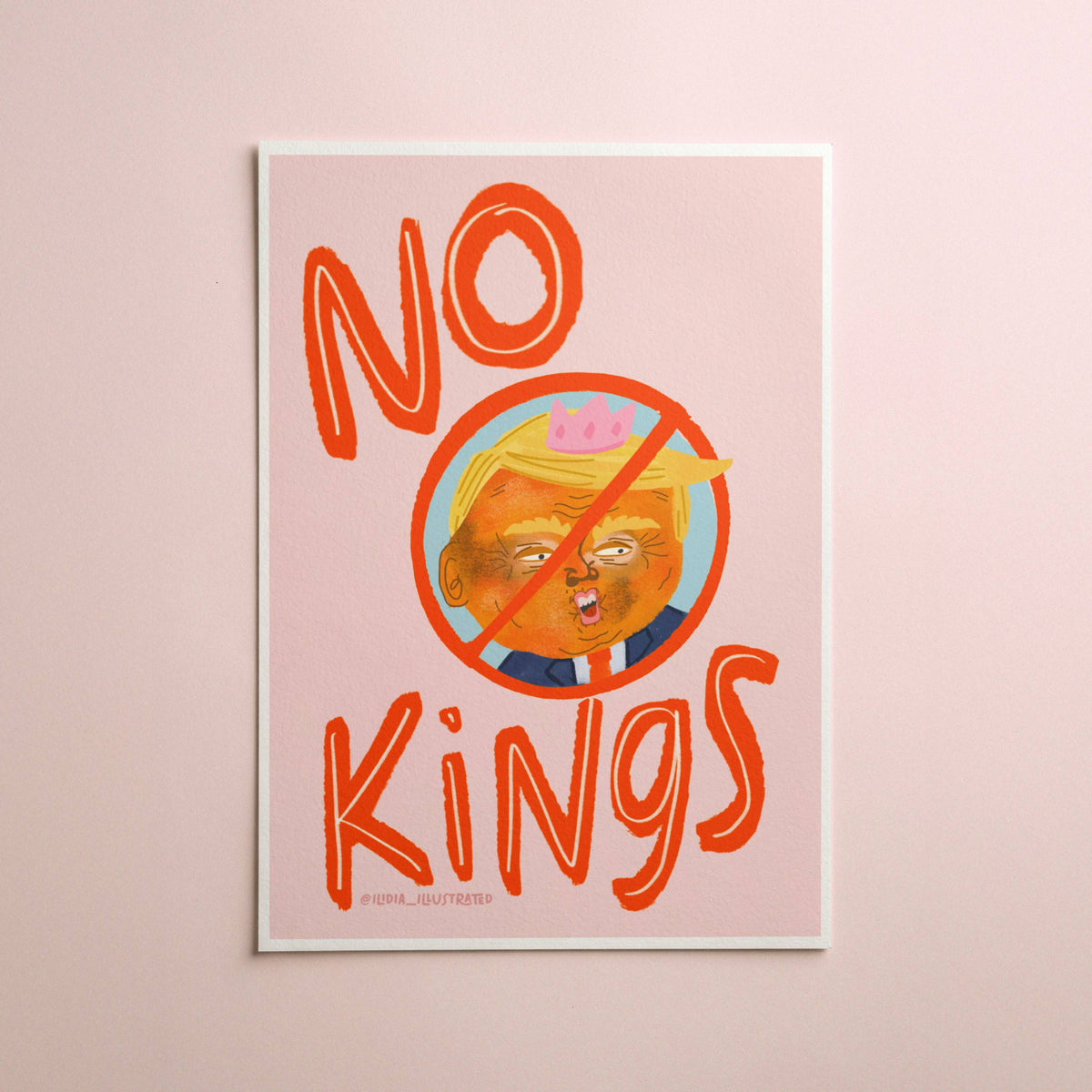 Poster with 'No Kings' text and a circular image of Donald Trump with a pink crown on a pink background