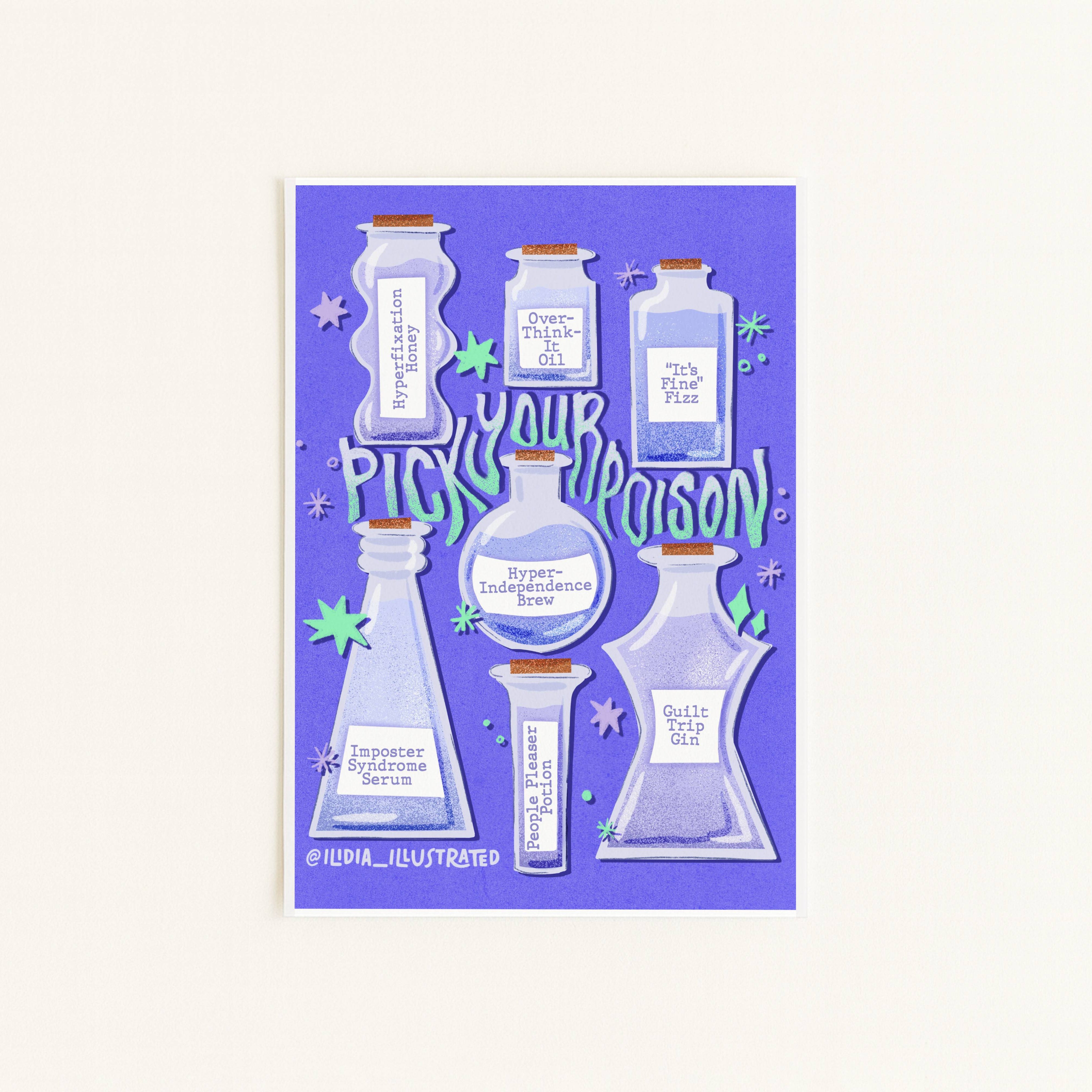 A square illustrated card or print featuring a purple background with layered white potion bottles, stars, and the phrase “Picky Poison” in stylized lettering. The artwork is centered on a light neutral background.