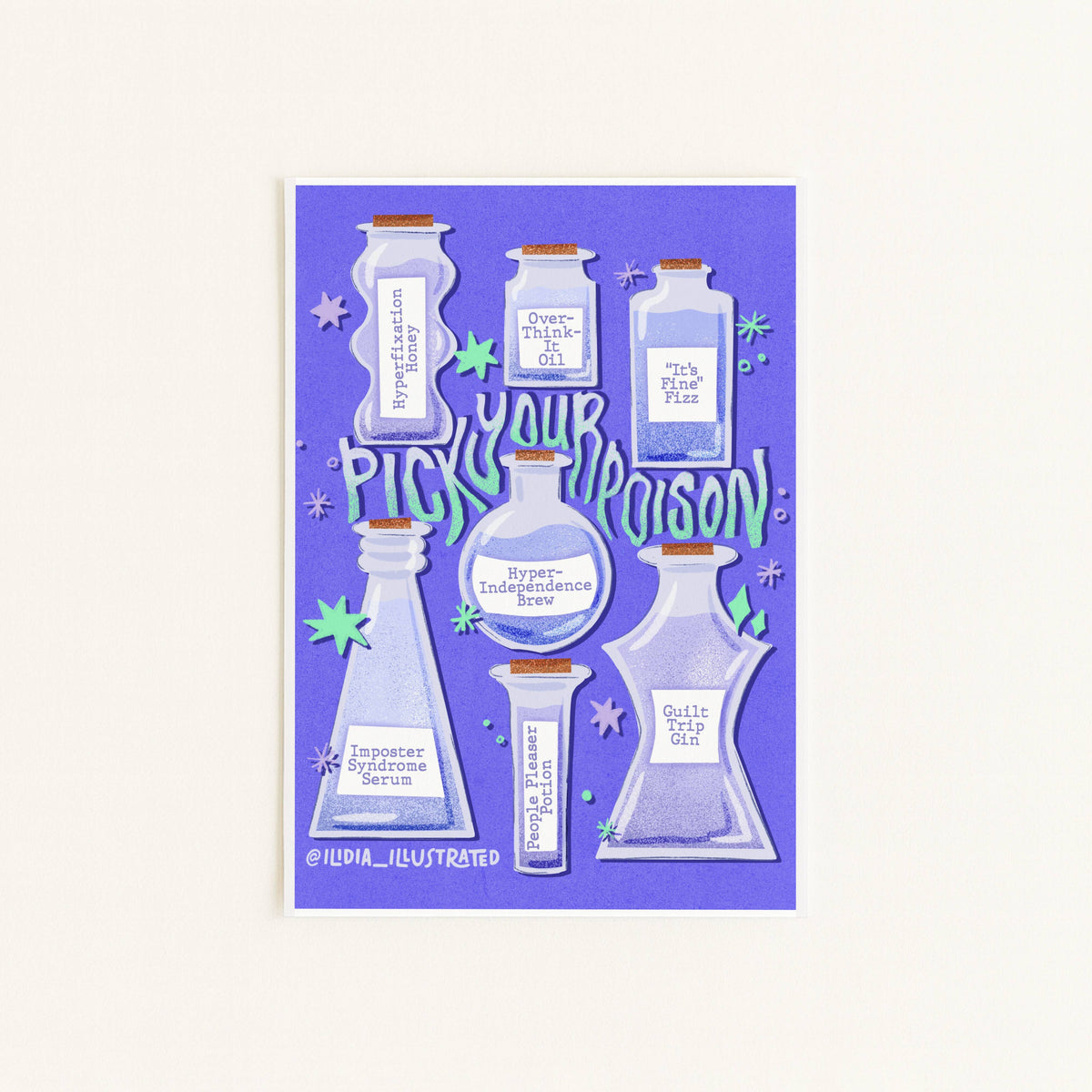 A square illustrated card or print featuring a purple background with layered white potion bottles, stars, and the phrase “Picky Poison” in stylized lettering. The artwork is centered on a light neutral background.