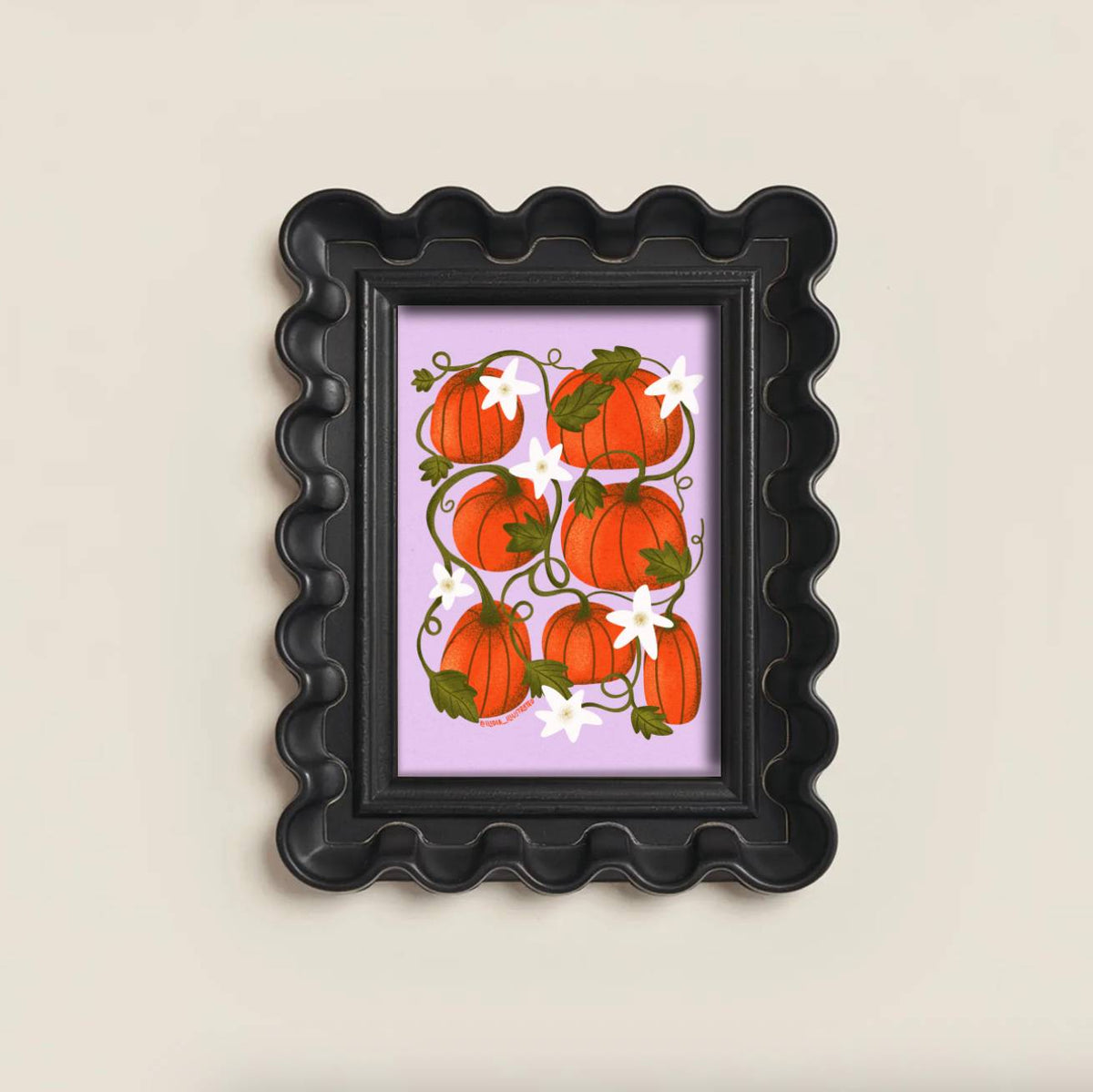Pumpkin patch mini art print in black frame.