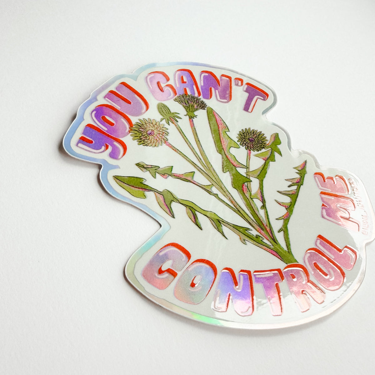 Holographic sticker with floral design and text on a white background