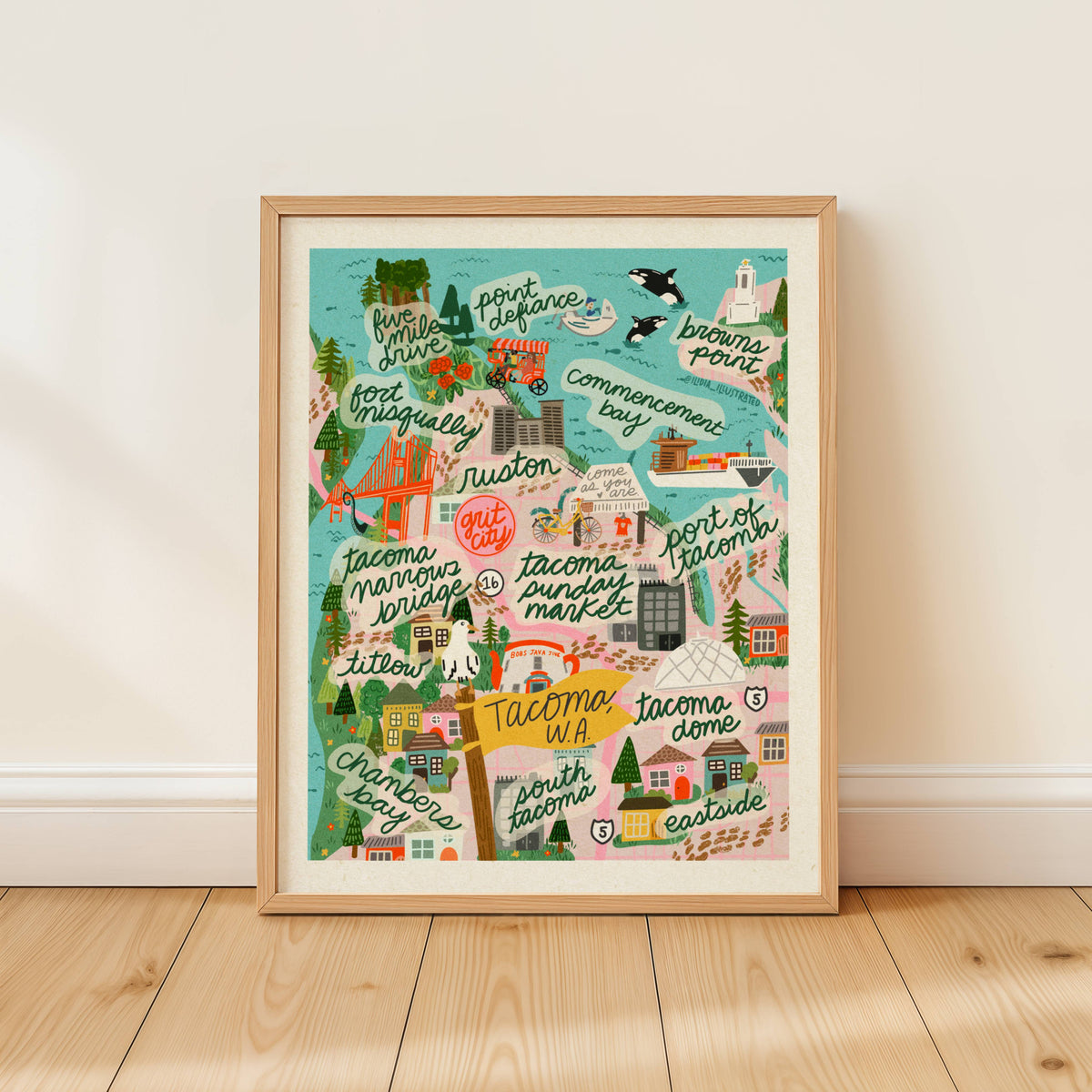 Map of Tacoma, Hand Illustrated Art Print