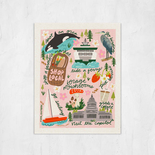 Illustrated poster with various things to do in Washington on a pink background