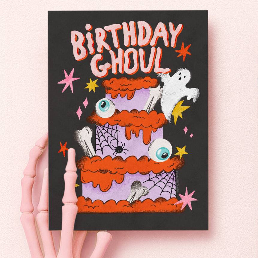 birthday ghoul card with pink skeleton hand holding