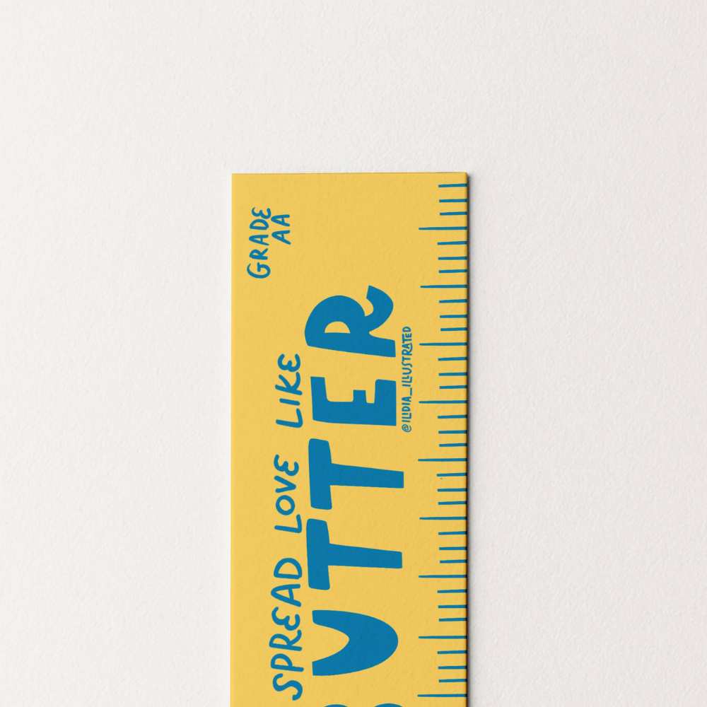Yellow butter bookmark spread love like butter with blue text on a white background