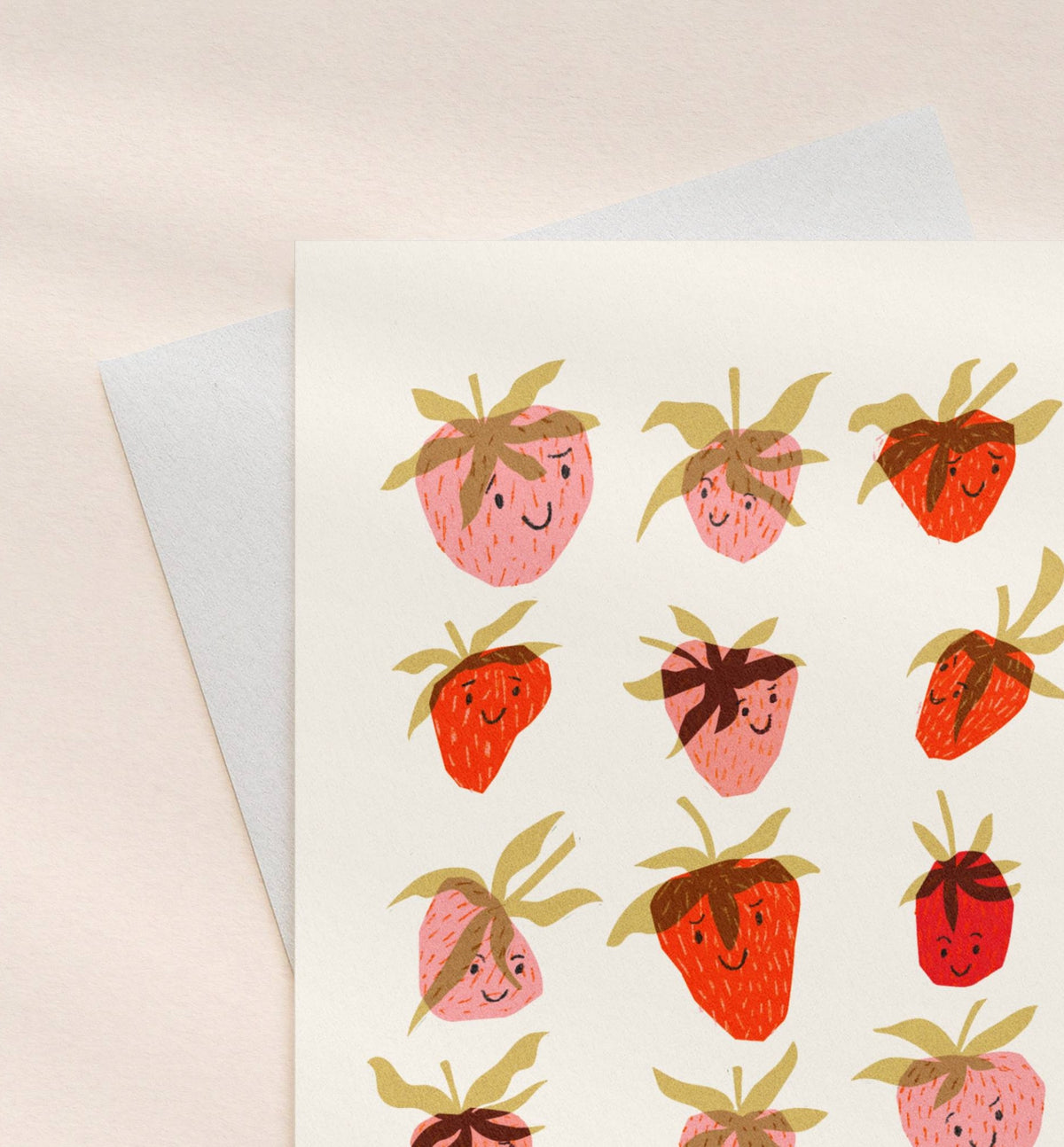 strawberry greeting card smiling happy strawberries pattern on a light background
