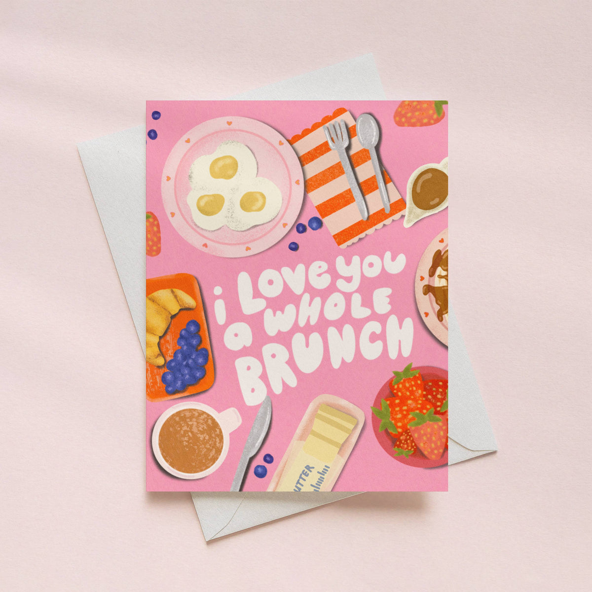 Greeting card with food illustrations and 'I love you a whole brunch' text on a pink background