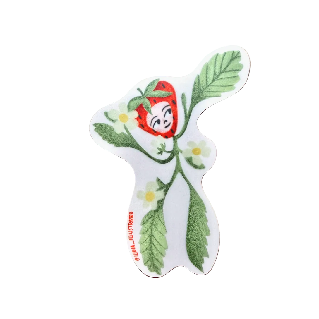 strawberry friend sticker on wood background