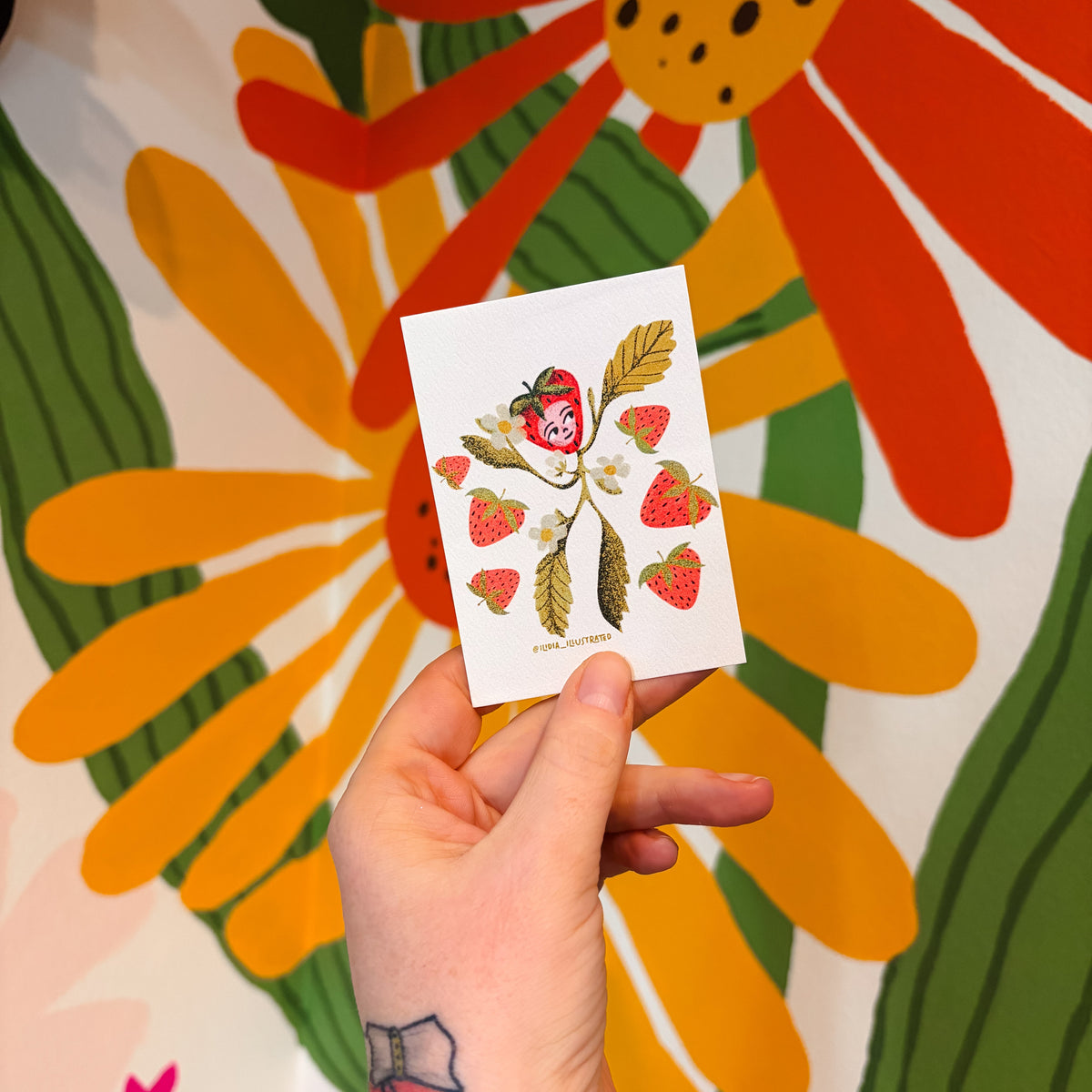 strawberry friend art print mini with leaves greenery botanical fruit