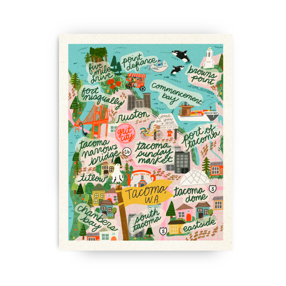 Map of Tacoma, Hand Illustrated Art Print
