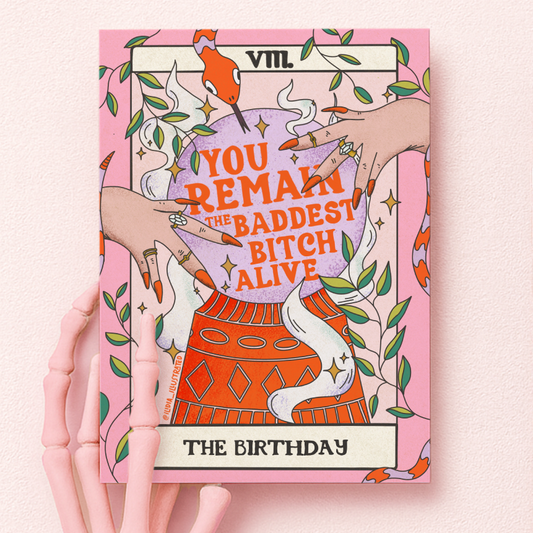 A magic crystal ball birthday card spooky themed witchy skeleton hands